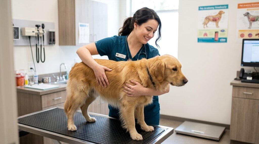 Veterinarian checking a dog for possible signs of protein deficiency.
