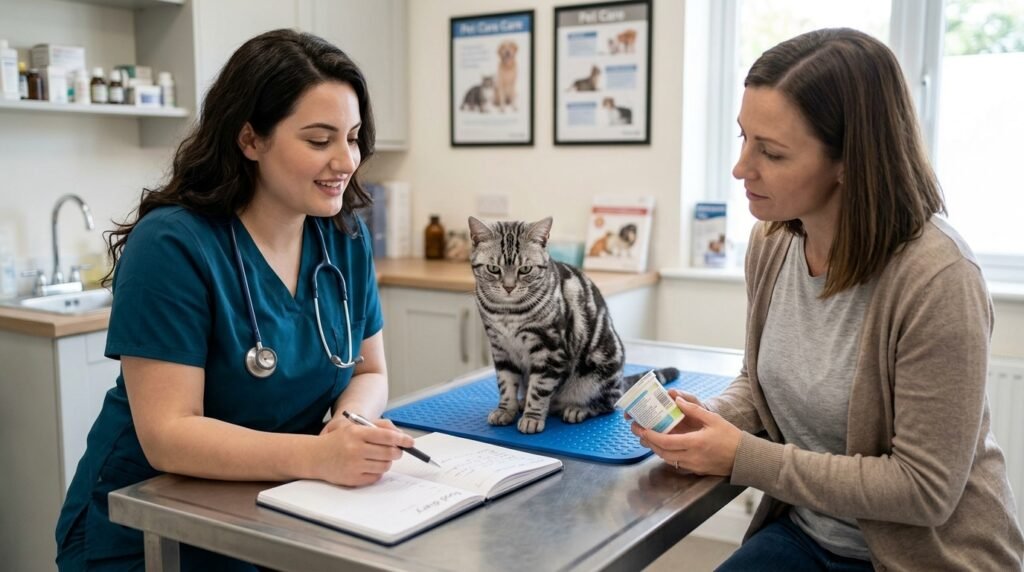 Female veterinarian discussing a cat’s food history and possible dairy-related digestive symptoms.