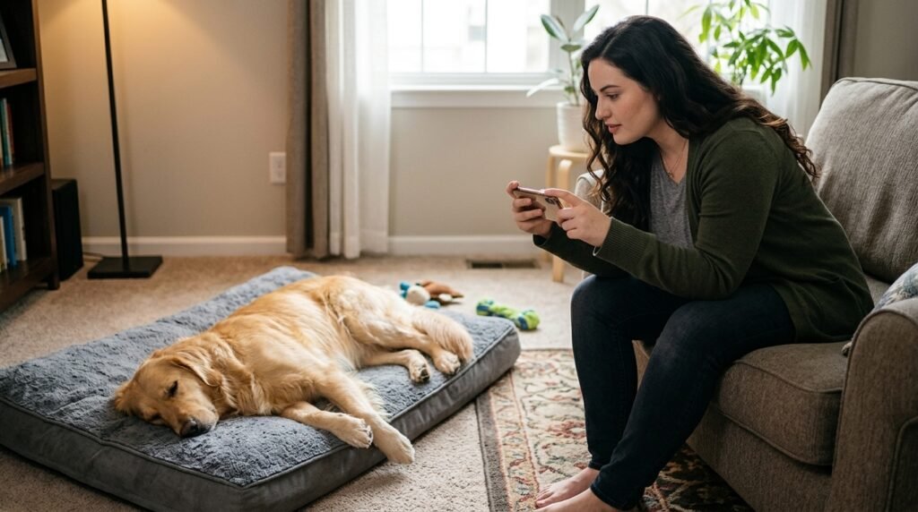 Owner safely recording dog sleep movements for a veterinarian