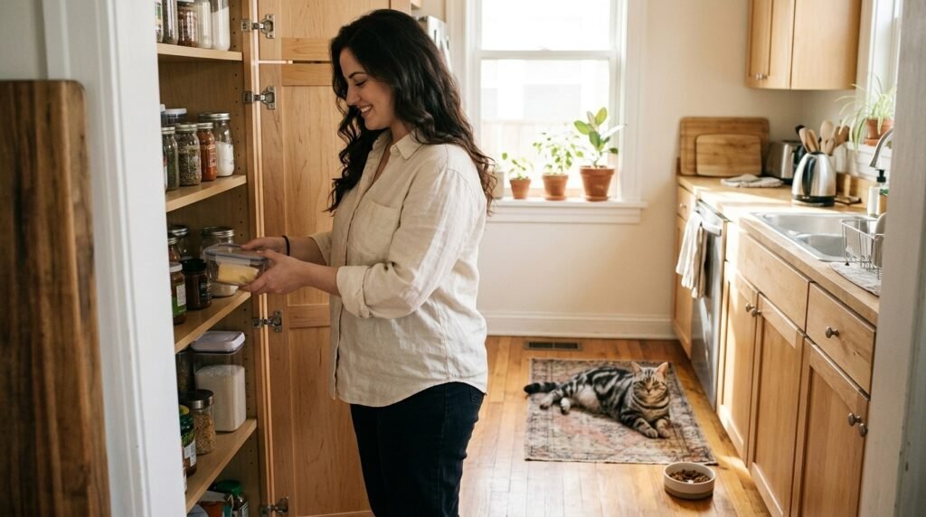 Owner putting cheese away while a cat relaxes on a nearby mat with its regular food.